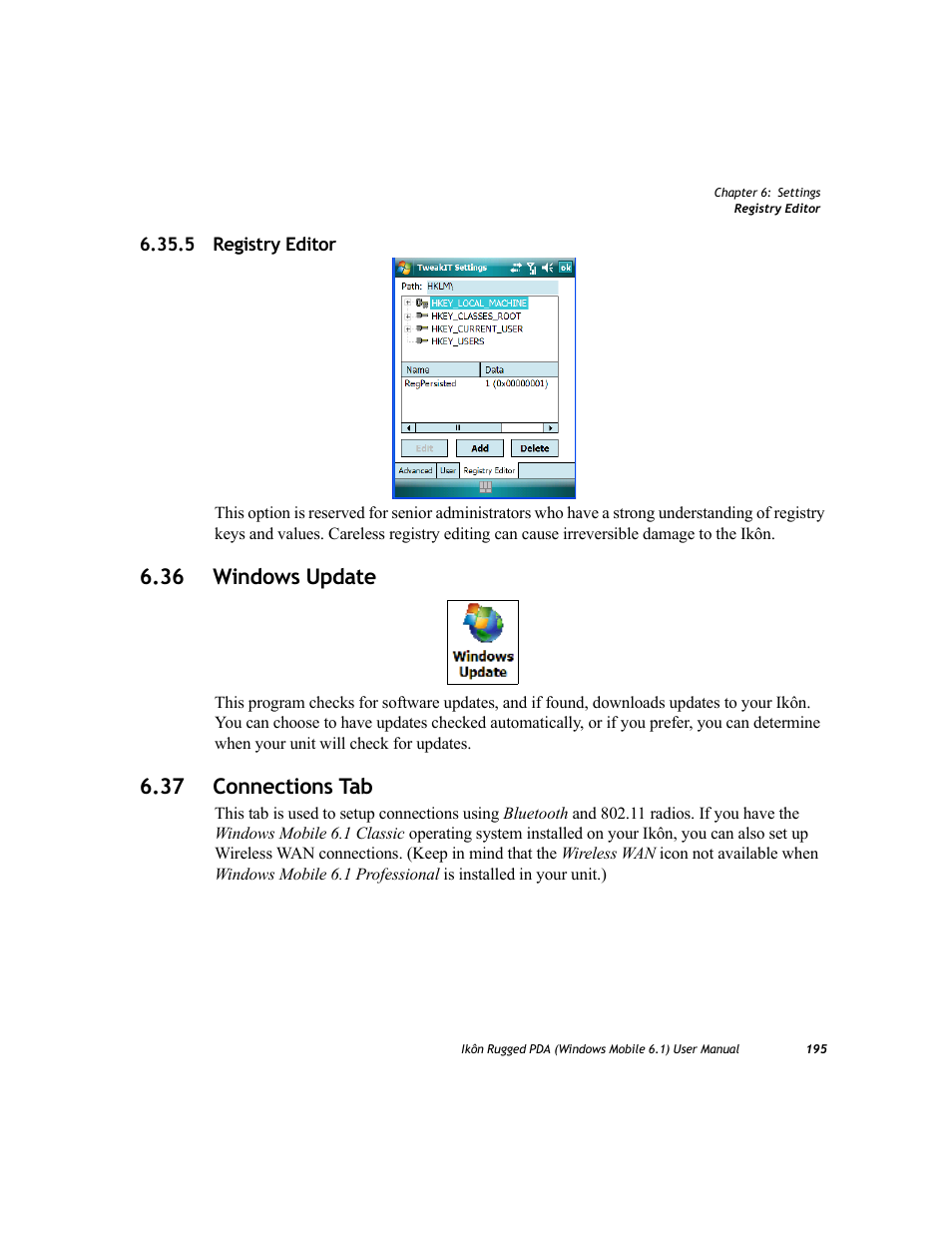 5 registry editor, 36 windows update, 37 connections tab | Connections tab, 36 windows update 6.37 connections tab | PYLE Audio IKON RUGGED 7505-BT User Manual | Page 209 / 406