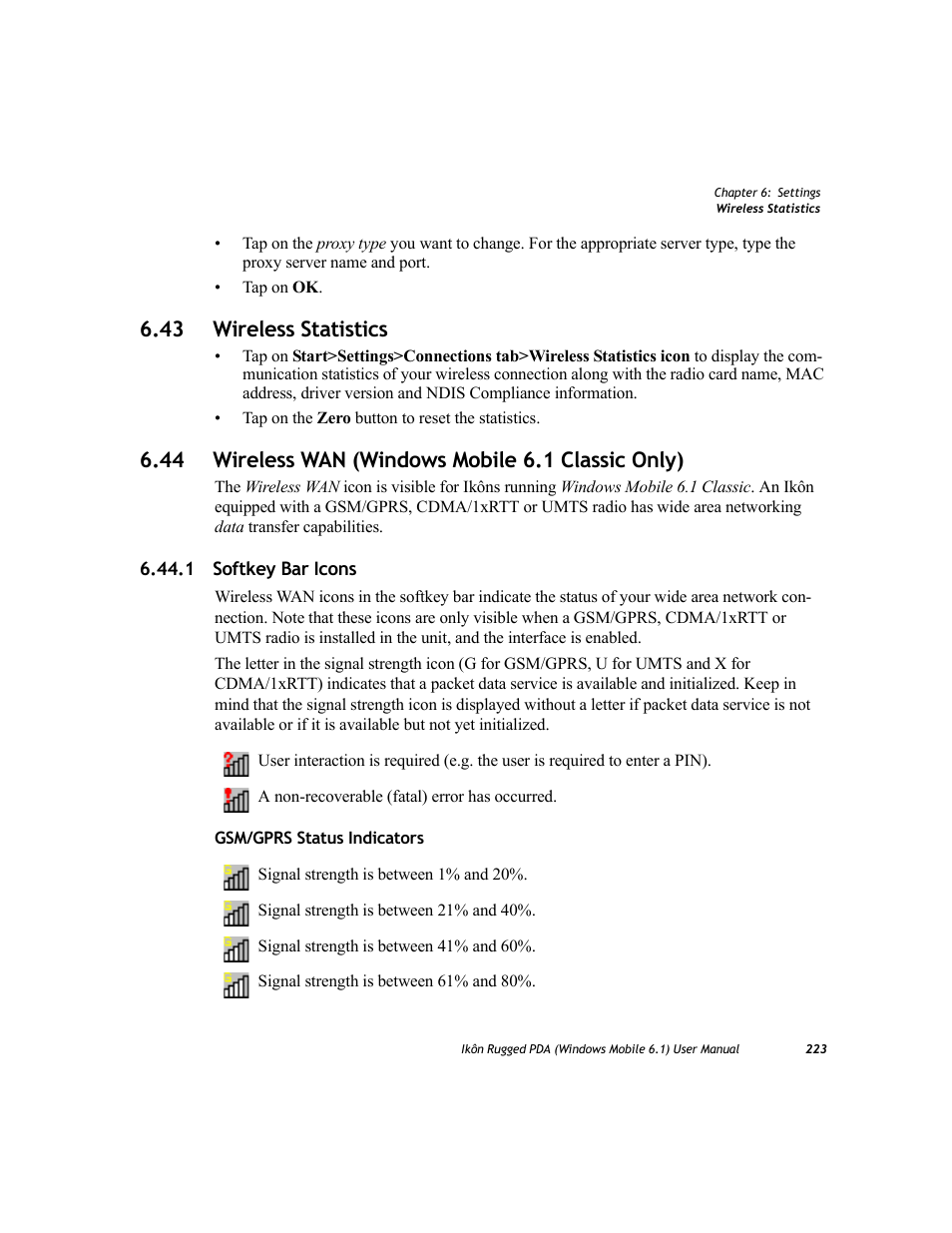 43 wireless statistics, 44 wireless wan (windows mobile 6.1 classic only), 1 softkey bar icons | PYLE Audio IKON RUGGED 7505-BT User Manual | Page 237 / 406
