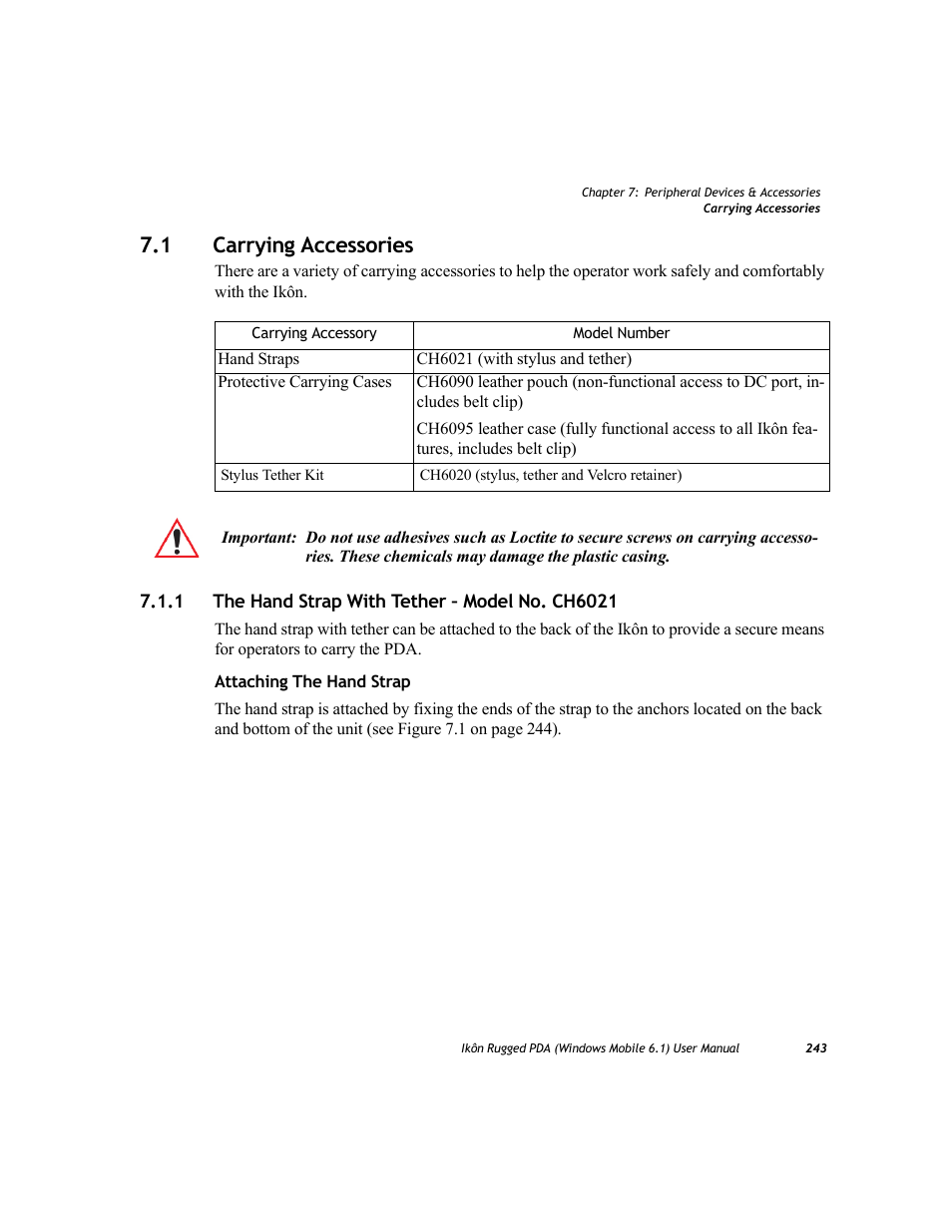 1 carrying accessories, 1 the hand strap with tether – model no. ch6021, Carrying accessories | The hand strap with tether – model no. ch6021 | PYLE Audio IKON RUGGED 7505-BT User Manual | Page 257 / 406