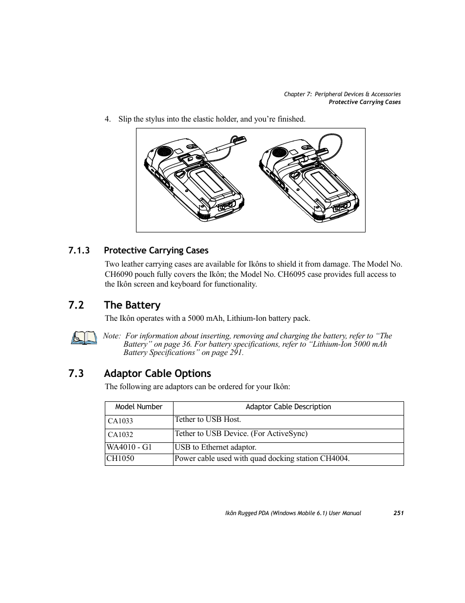 3 protective carrying cases, 2 the battery, 3 adaptor cable options | Protective carrying cases, The battery, Adaptor cable options, 2 the battery 7.3 adaptor cable options | PYLE Audio IKON RUGGED 7505-BT User Manual | Page 265 / 406