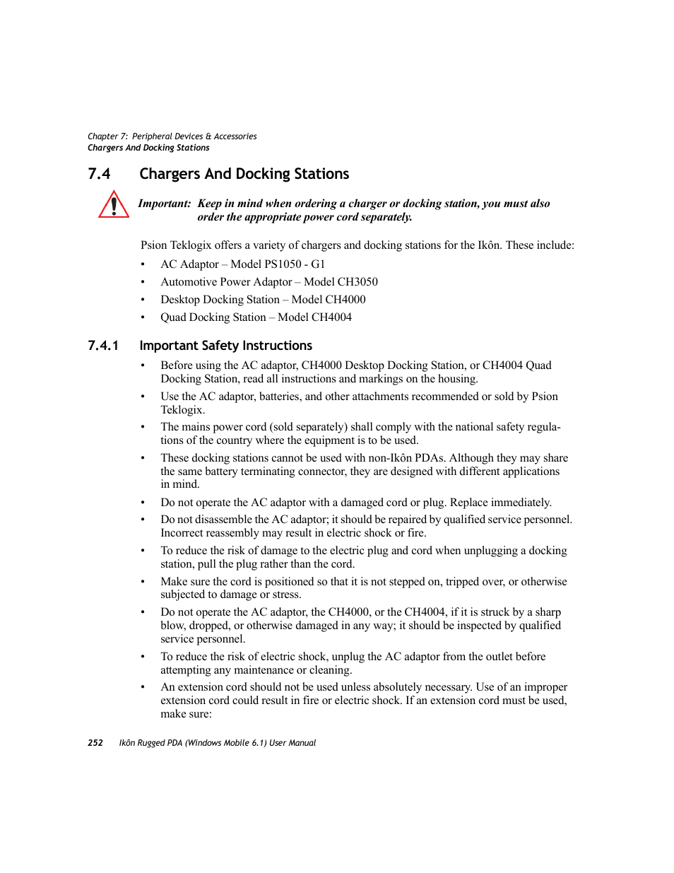 4 chargers and docking stations, 1 important safety instructions, Chargers and docking stations 7.4.1 | Important safety instructions | PYLE Audio IKON RUGGED 7505-BT User Manual | Page 266 / 406