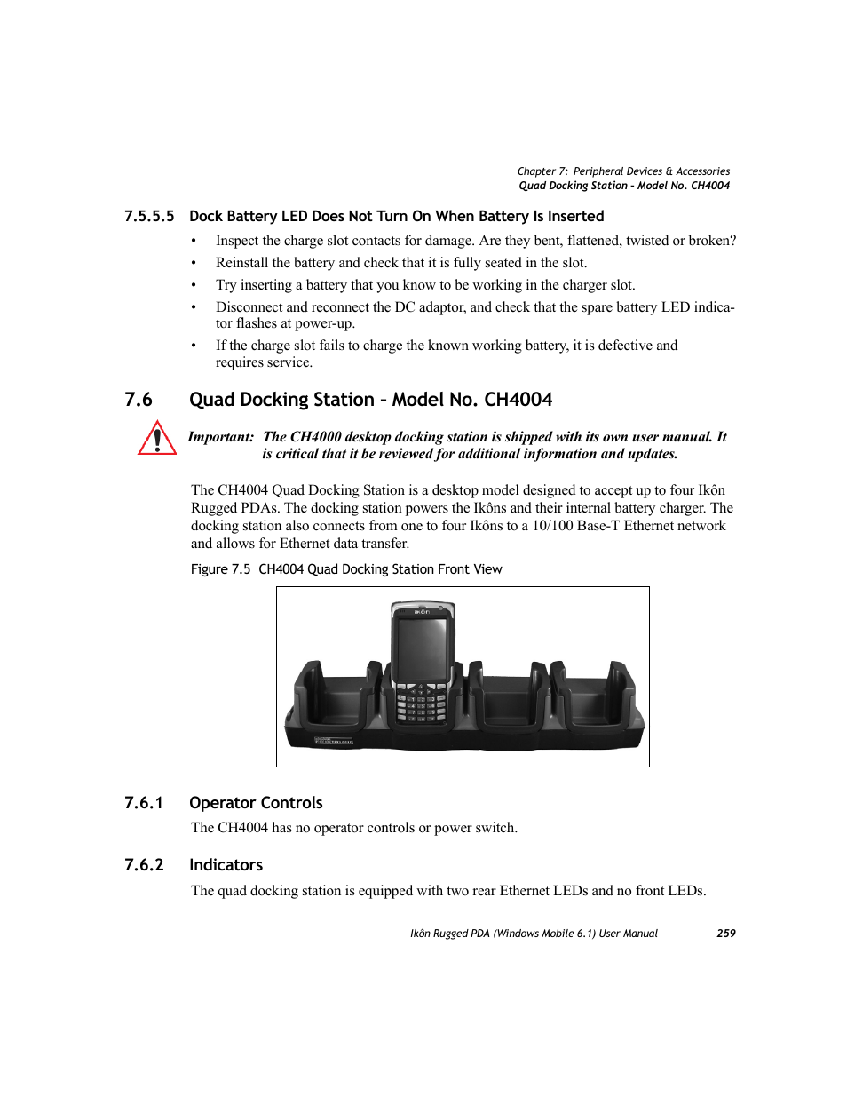 6 quad docking station – model no. ch4004, 1 operator controls, 2 indicators | Quad docking station – model no. ch4004 7.6.1, Operator controls, Indicators, 1 operator controls 7.6.2 indicators | PYLE Audio IKON RUGGED 7505-BT User Manual | Page 273 / 406