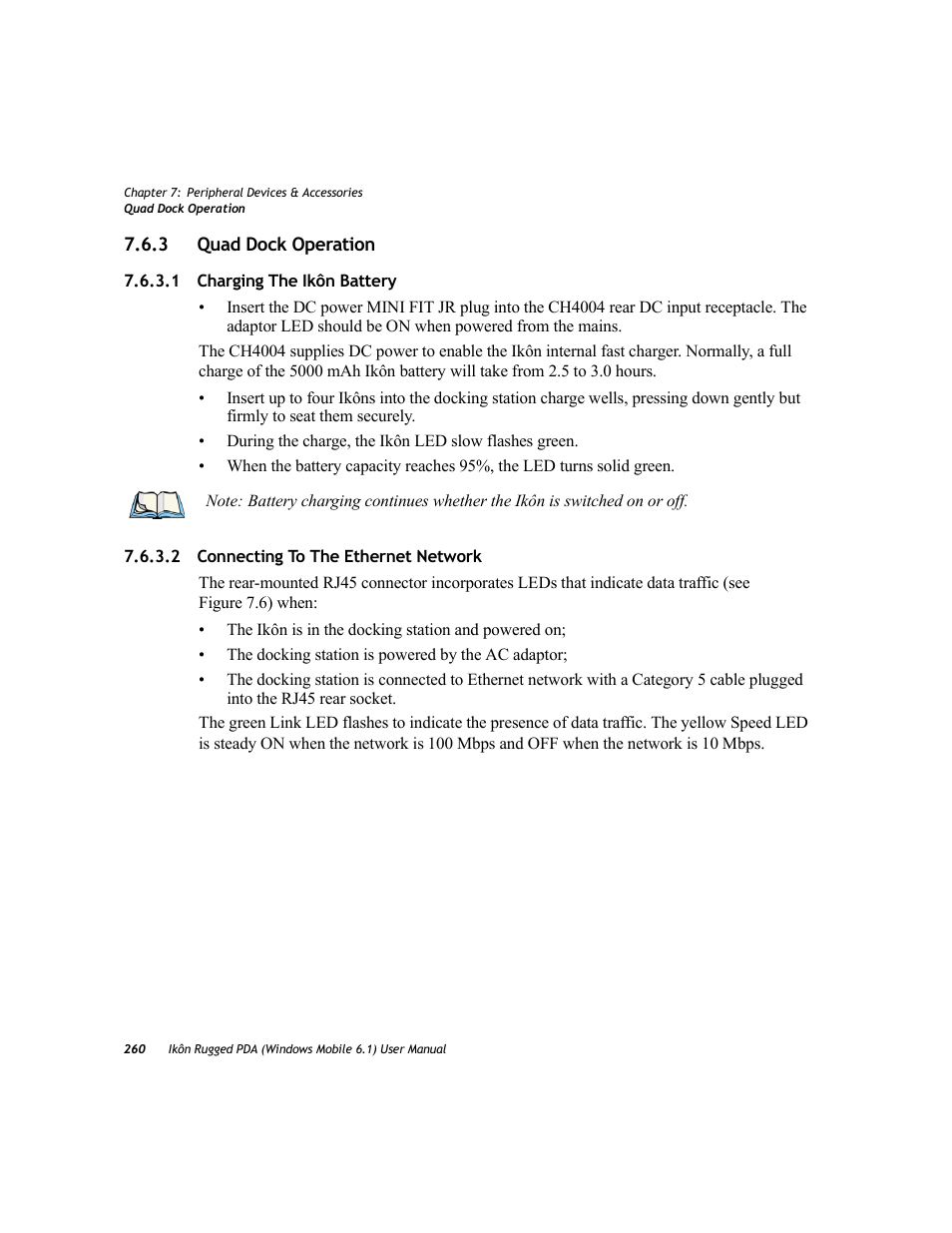 3 quad dock operation, 1 charging the ikôn battery, 2 connecting to the ethernet network | Quad dock operation | PYLE Audio IKON RUGGED 7505-BT User Manual | Page 274 / 406