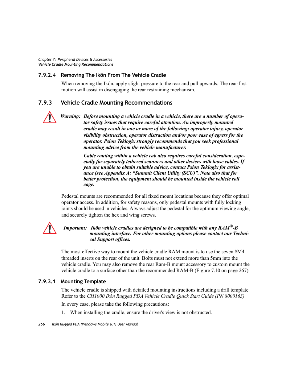 4 removing the ikôn from the vehicle cradle, 3 vehicle cradle mounting recommendations, 1 mounting template | Vehicle cradle mounting recommendations | PYLE Audio IKON RUGGED 7505-BT User Manual | Page 280 / 406
