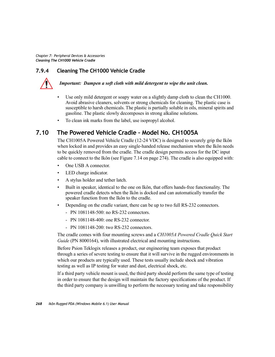 4 cleaning the ch1000 vehicle cradle, 10 the powered vehicle cradle – model no. ch1005a, Cleaning the ch1000 vehicle cradle | PYLE Audio IKON RUGGED 7505-BT User Manual | Page 282 / 406