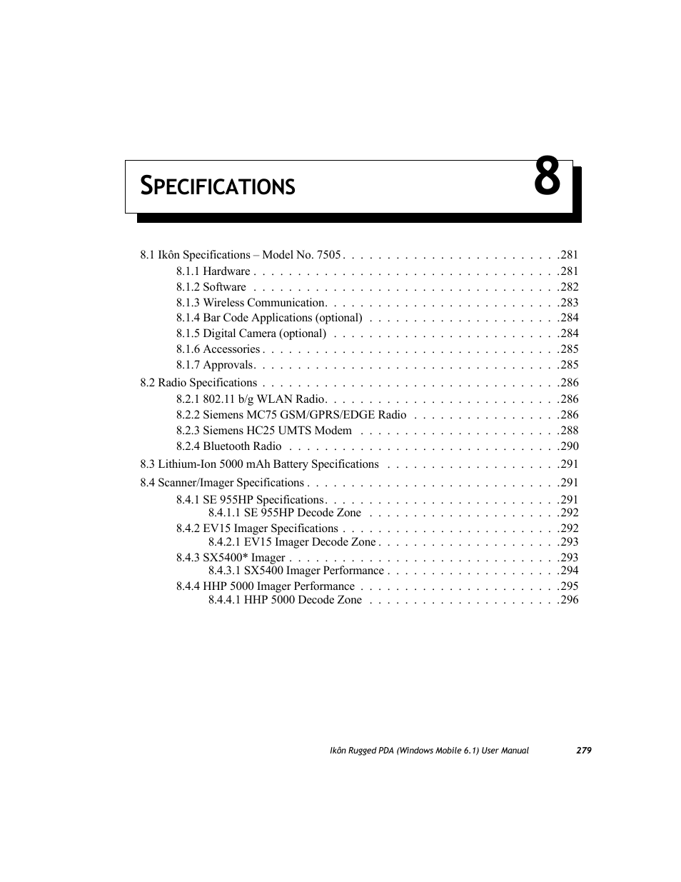 Specifications 8, Chapter 8: specifications, Pecifications | PYLE Audio IKON RUGGED 7505-BT User Manual | Page 293 / 406