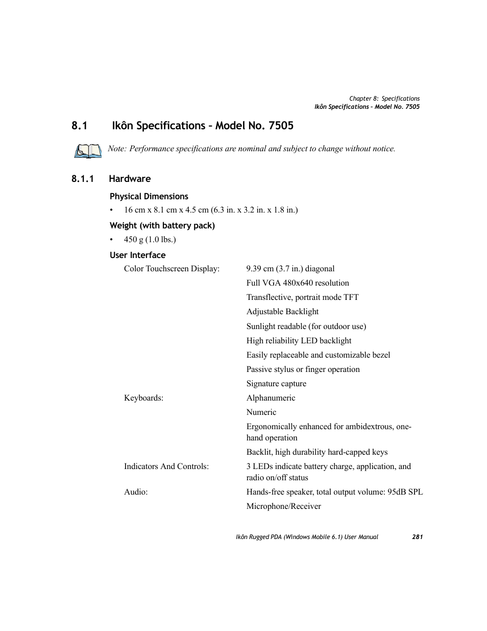 1 ikôn specifications – model no. 7505, 1 hardware, Ikôn specifications – model no. 7505 8.1.1 | Hardware | PYLE Audio IKON RUGGED 7505-BT User Manual | Page 295 / 406