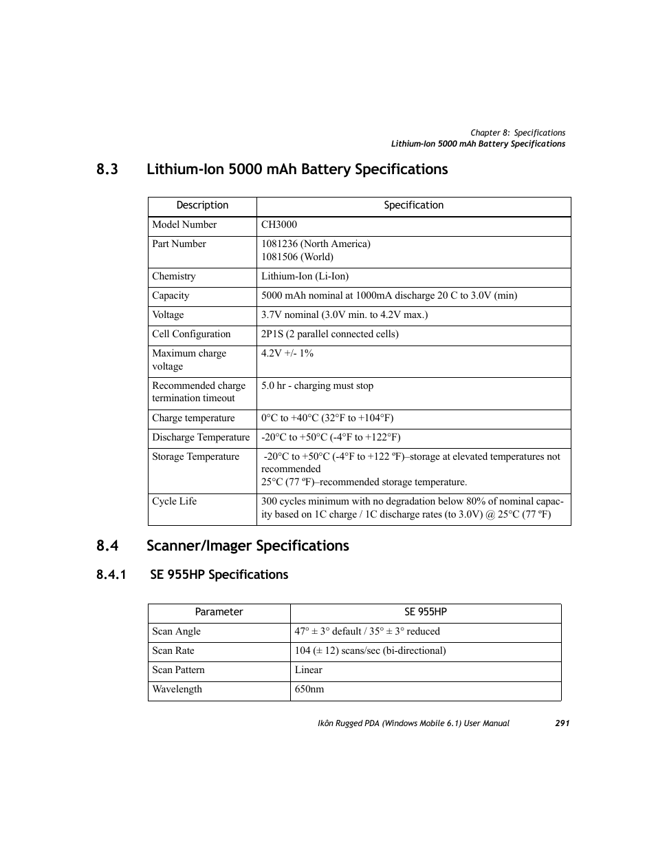 3 lithium-ion 5000 mah battery specifications, 4 scanner/imager specifications, 1 se 955hp specifications | Lithium-ion 5000 mah battery specifications, Scanner/imager specifications 8.4.1, Se 955hp specifications, To “lithium-ion 5000 mah | PYLE Audio IKON RUGGED 7505-BT User Manual | Page 305 / 406