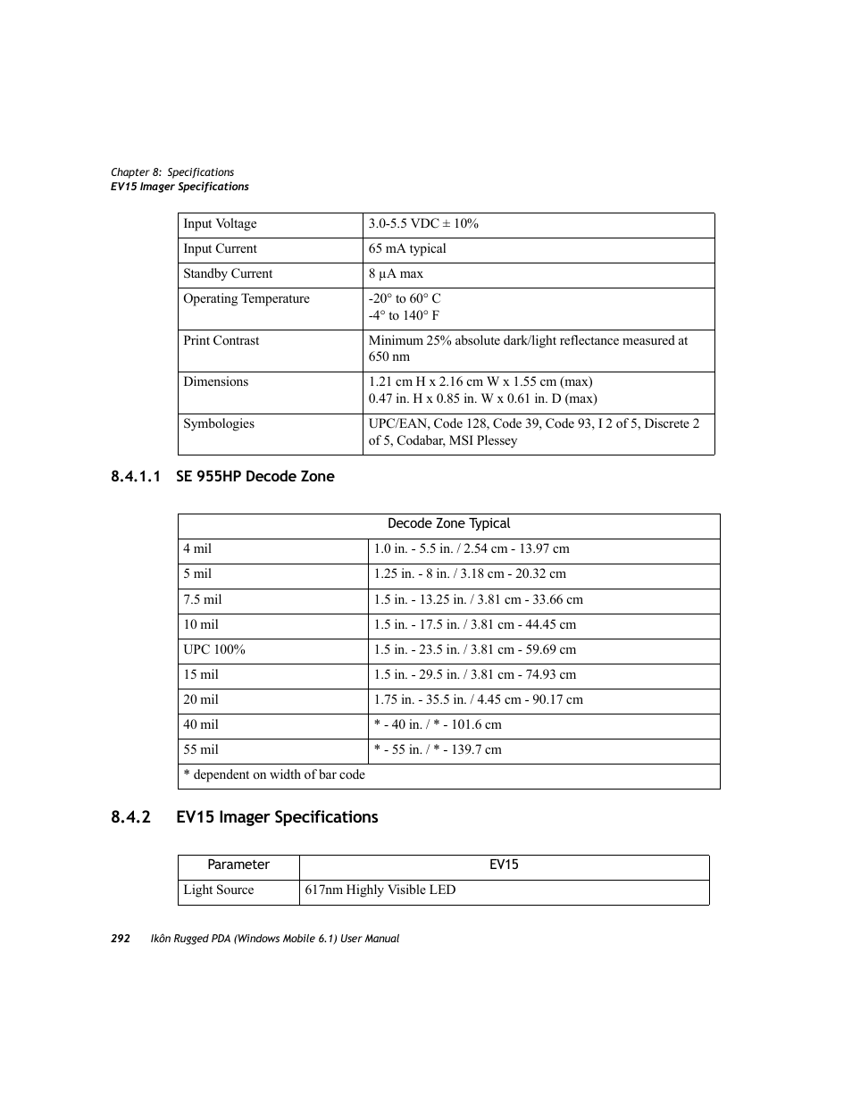 1 se 955hp decode zone, 2 ev15 imager specifications, Ev15 imager specifications | PYLE Audio IKON RUGGED 7505-BT User Manual | Page 306 / 406