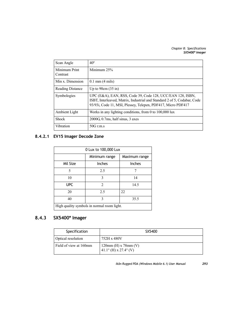 1 ev15 imager decode zone, 3 sx5400* imager, Sx5400* imager | PYLE Audio IKON RUGGED 7505-BT User Manual | Page 307 / 406