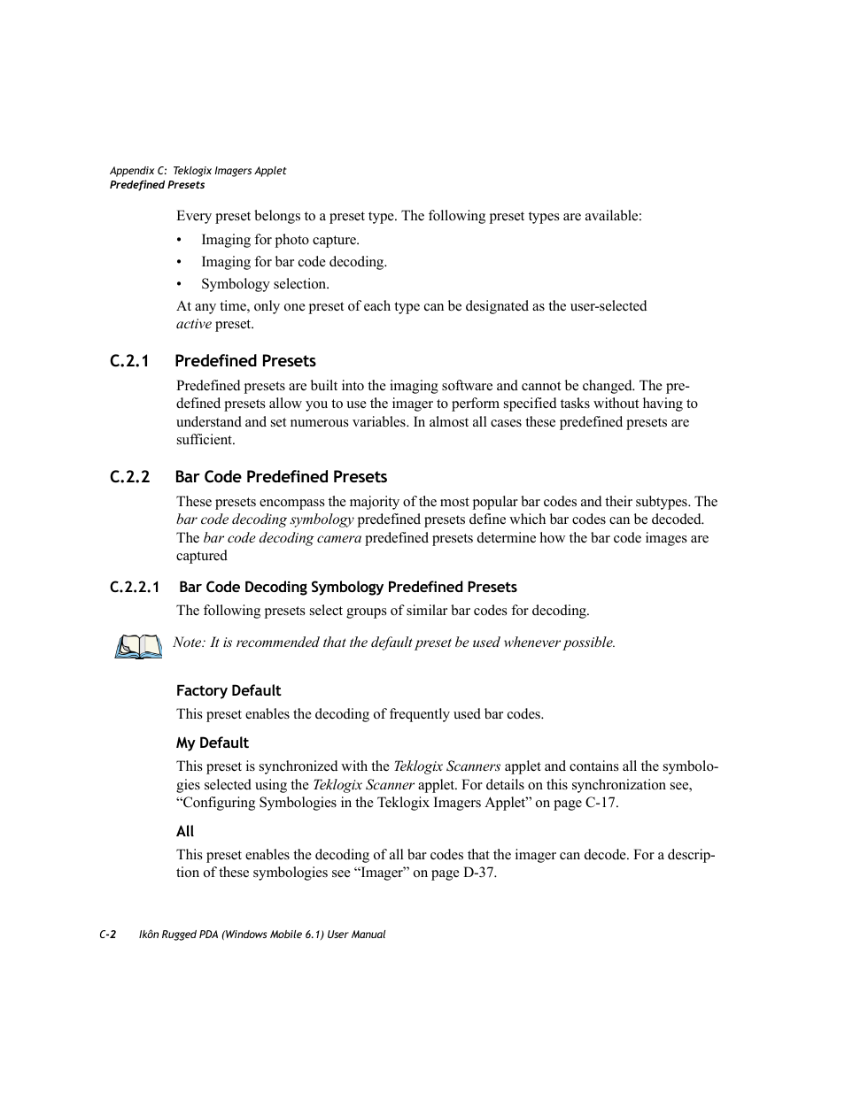 C.2.1 predefined presets, C.2.2 bar code predefined presets, C.2.1 | C.2.2 | PYLE Audio IKON RUGGED 7505-BT User Manual | Page 328 / 406
