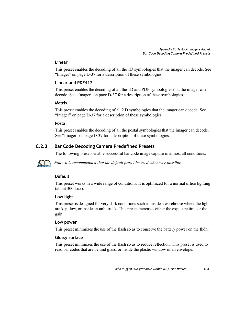 C.2.3 bar code decoding camera predefined presets, C.2.3 | PYLE Audio IKON RUGGED 7505-BT User Manual | Page 329 / 406