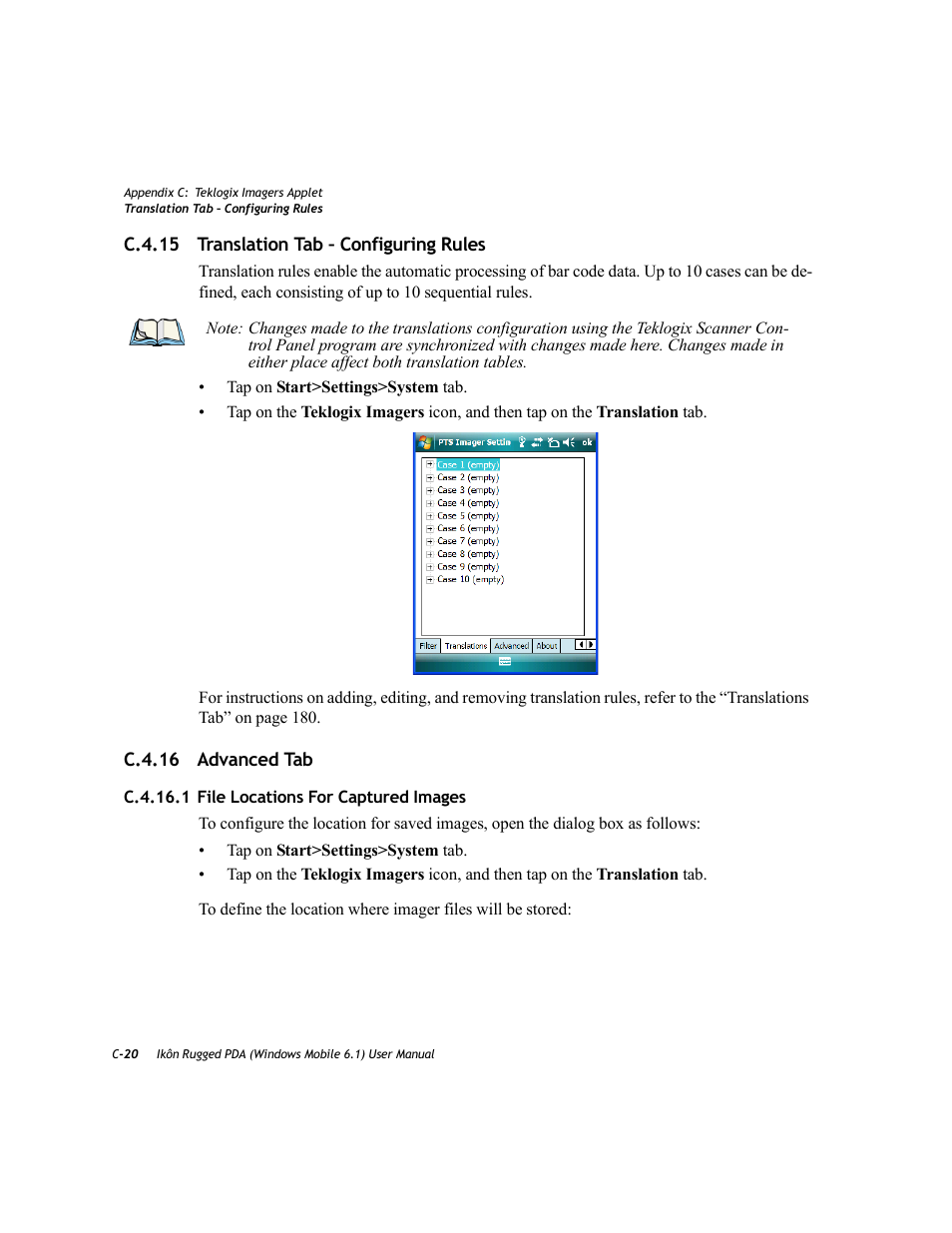 C.4.15 translation tab – configuring rules, C.4.16 advanced tab, C.4.16.1 file locations for captured images | PYLE Audio IKON RUGGED 7505-BT User Manual | Page 346 / 406