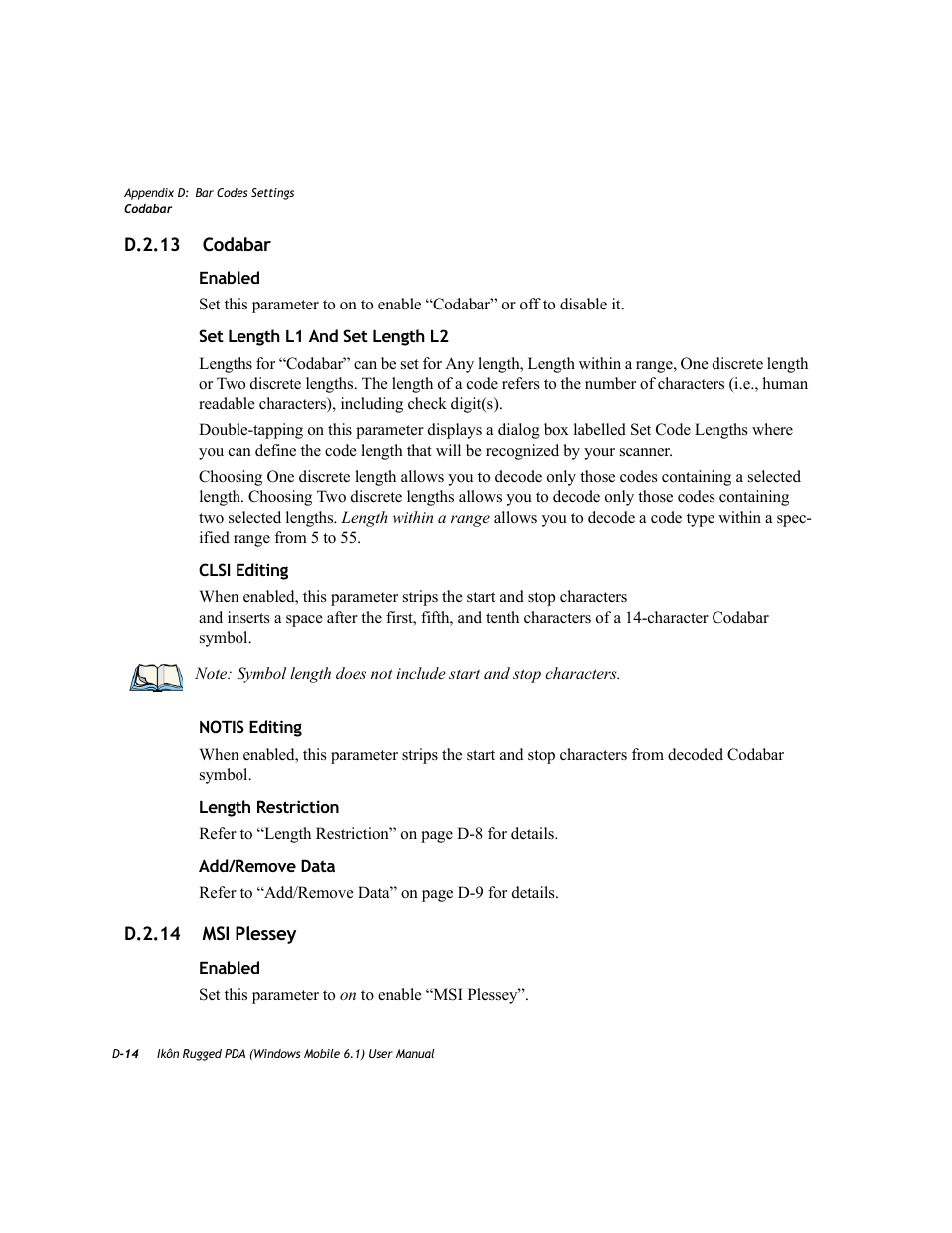 D.2.13 codabar, D.2.14 msi plessey | PYLE Audio IKON RUGGED 7505-BT User Manual | Page 362 / 406