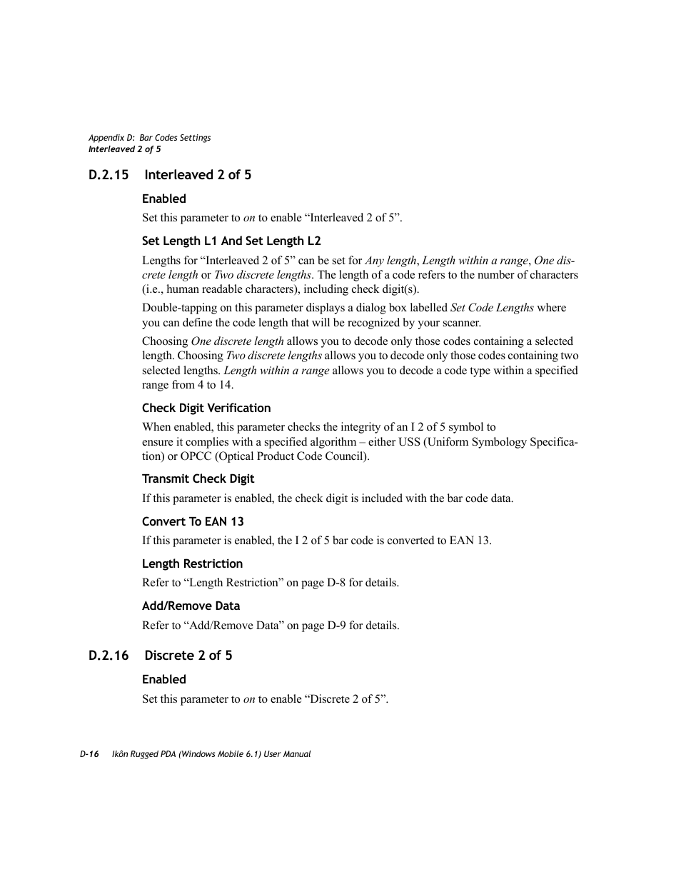 D.2.15 interleaved 2 of 5, D.2.16 discrete 2 of 5 | PYLE Audio IKON RUGGED 7505-BT User Manual | Page 364 / 406