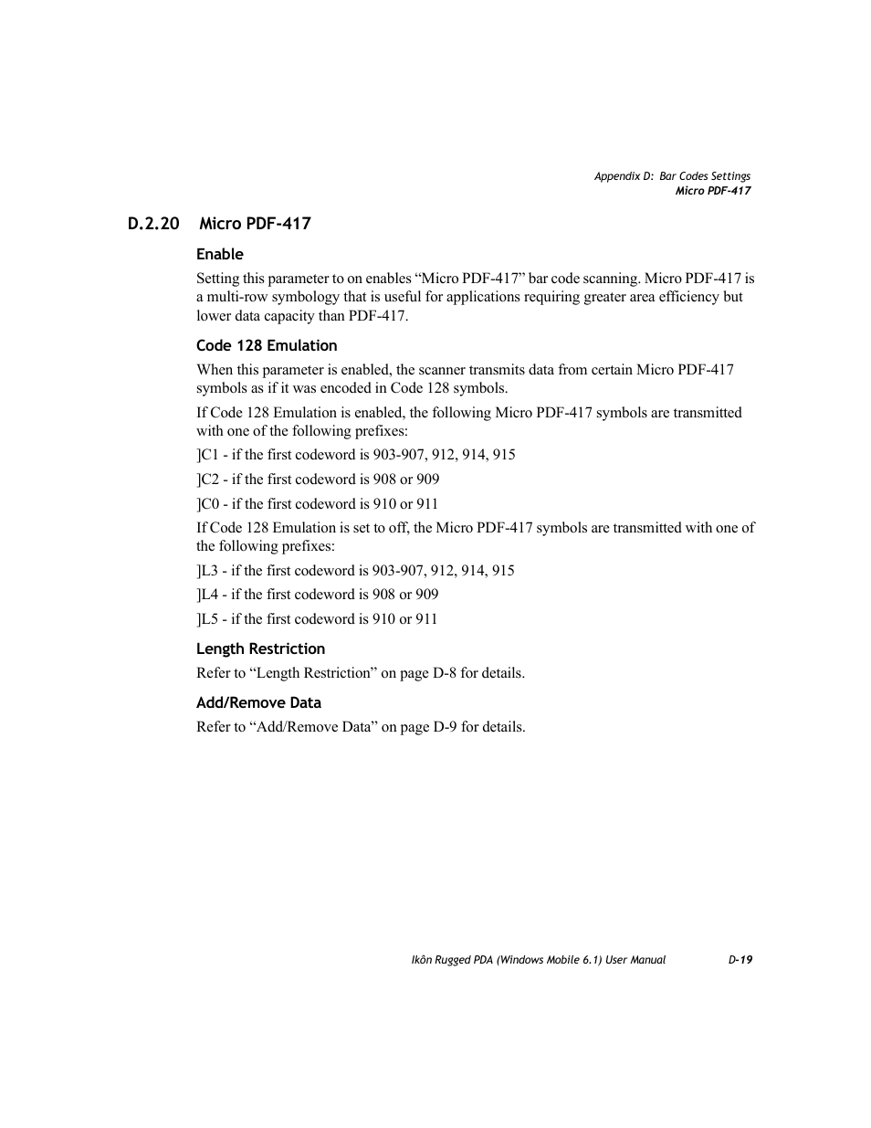 D.2.20 micro pdf-417 | PYLE Audio IKON RUGGED 7505-BT User Manual | Page 367 / 406