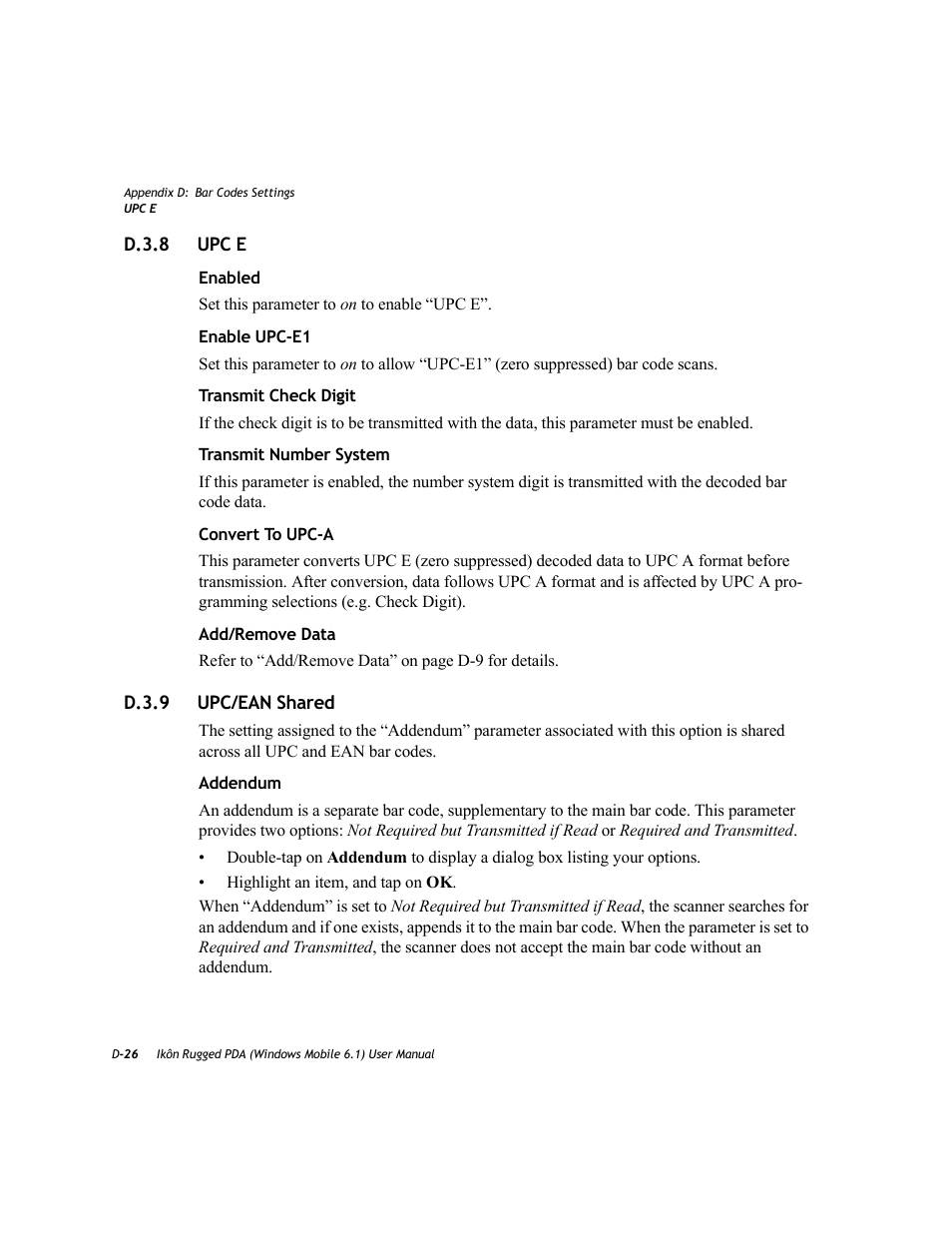 D.3.8 upc e, D.3.9 upc/ean shared | PYLE Audio IKON RUGGED 7505-BT User Manual | Page 374 / 406