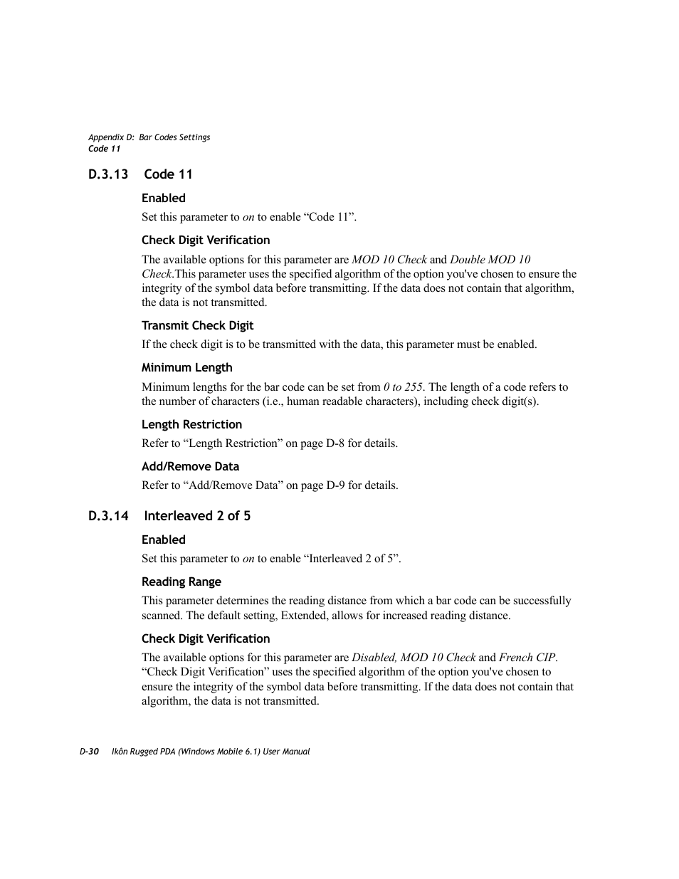 D.3.13 code 11, D.3.14 interleaved 2 of 5 | PYLE Audio IKON RUGGED 7505-BT User Manual | Page 378 / 406