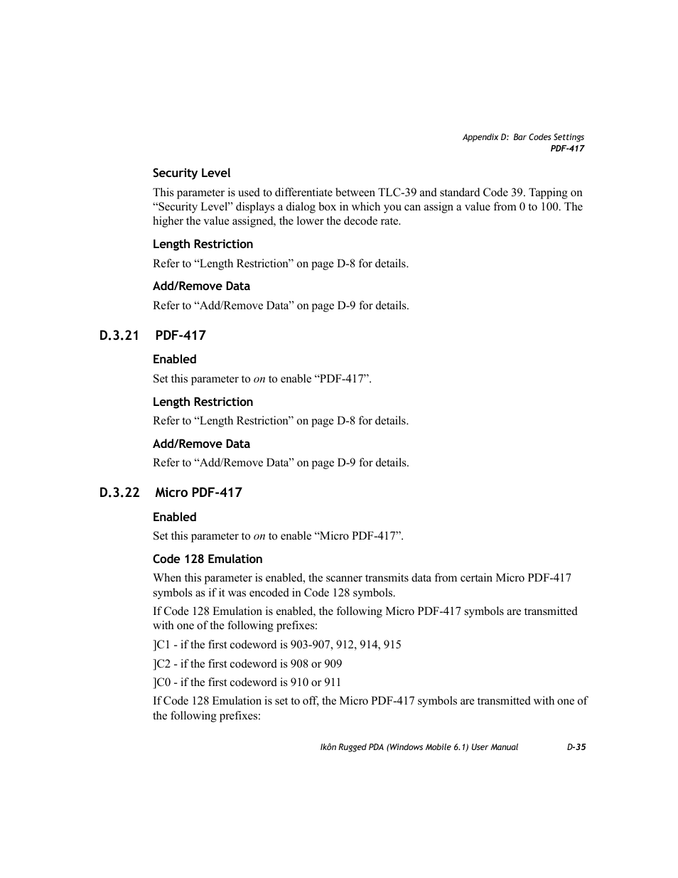 D.3.21 pdf-417, D.3.22 micro pdf-417 | PYLE Audio IKON RUGGED 7505-BT User Manual | Page 383 / 406