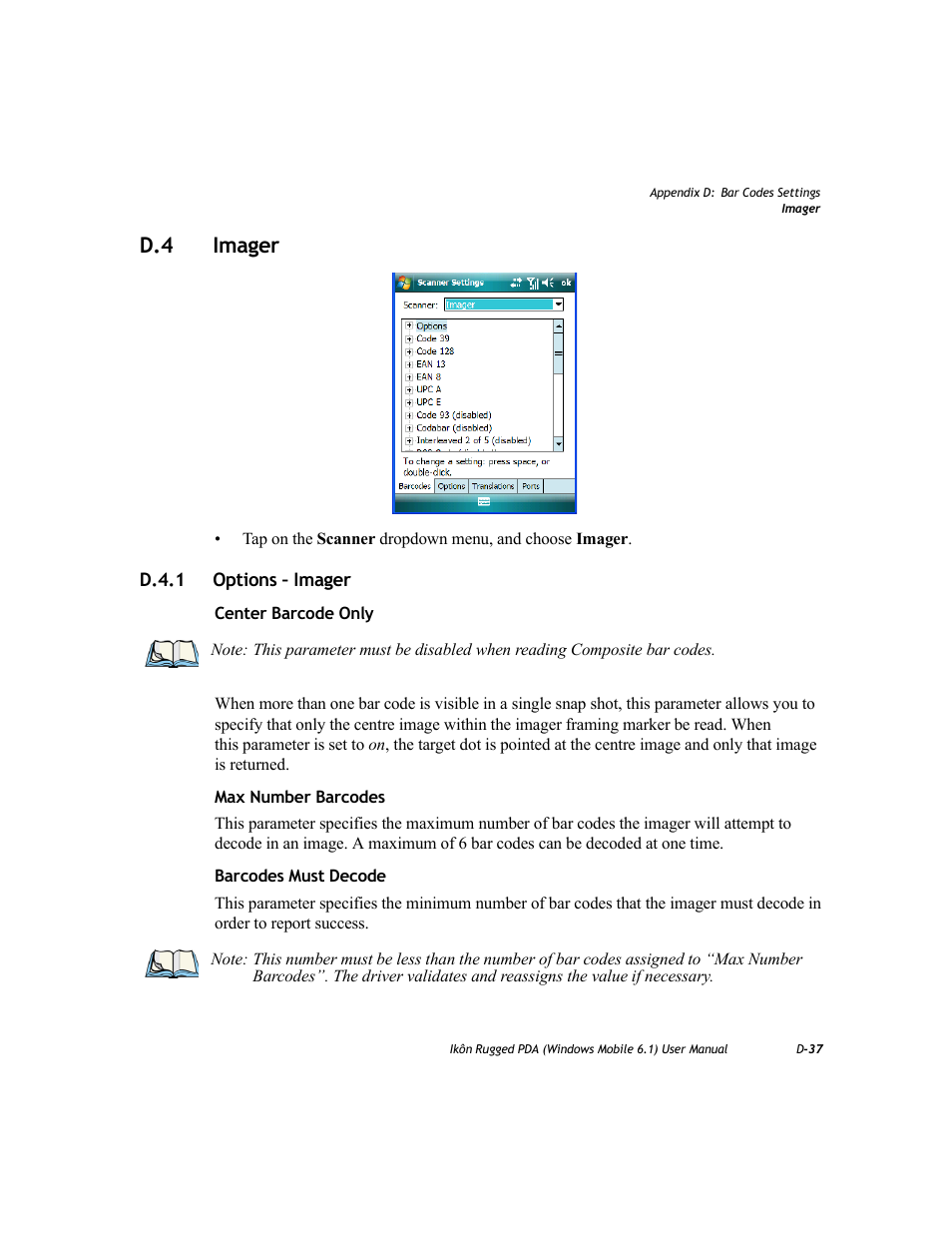 D.4 imager, D.4.1 options – imager | PYLE Audio IKON RUGGED 7505-BT User Manual | Page 385 / 406