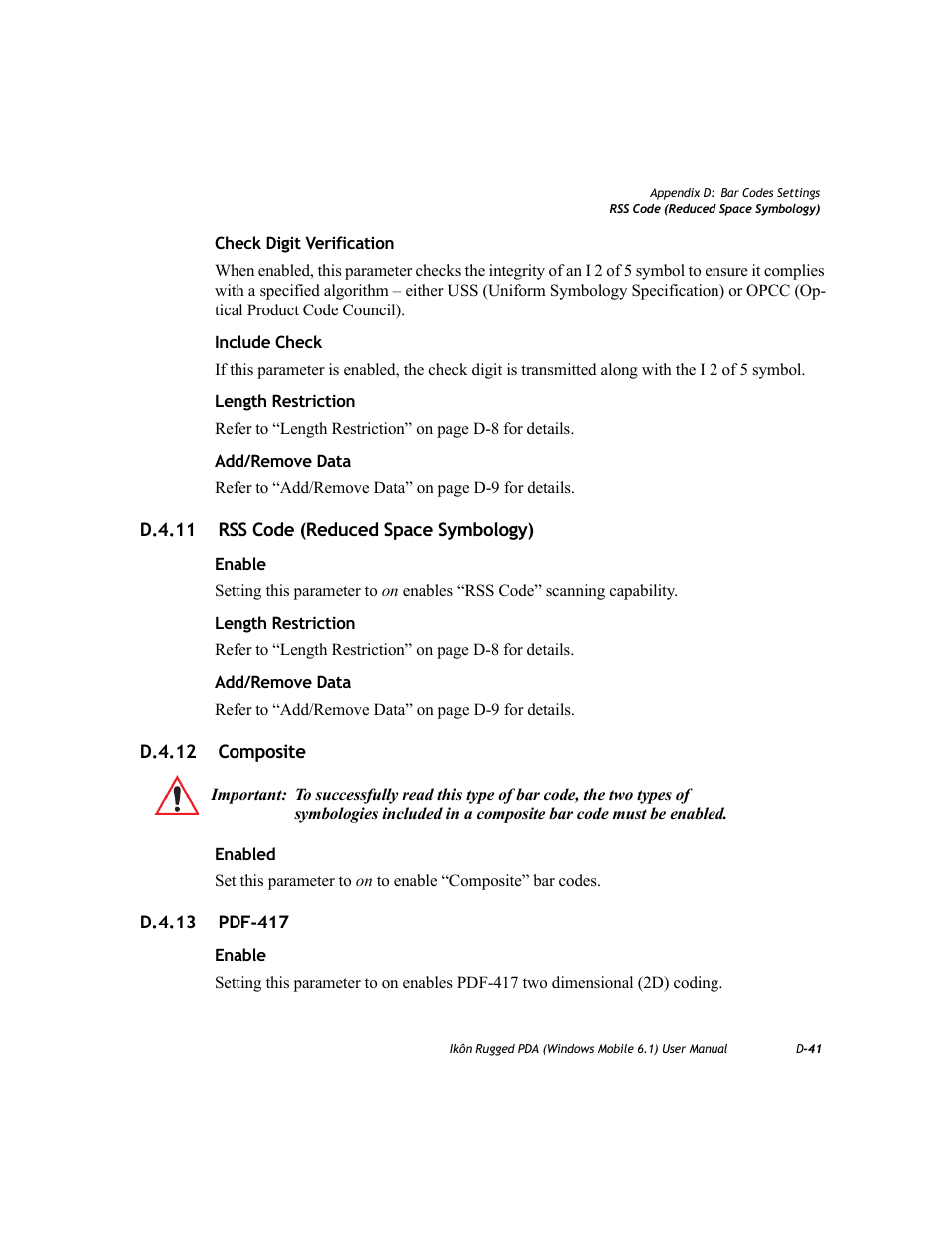 D.4.11 rss code (reduced space symbology), D.4.12 composite, D.4.13 pdf-417 | PYLE Audio IKON RUGGED 7505-BT User Manual | Page 389 / 406