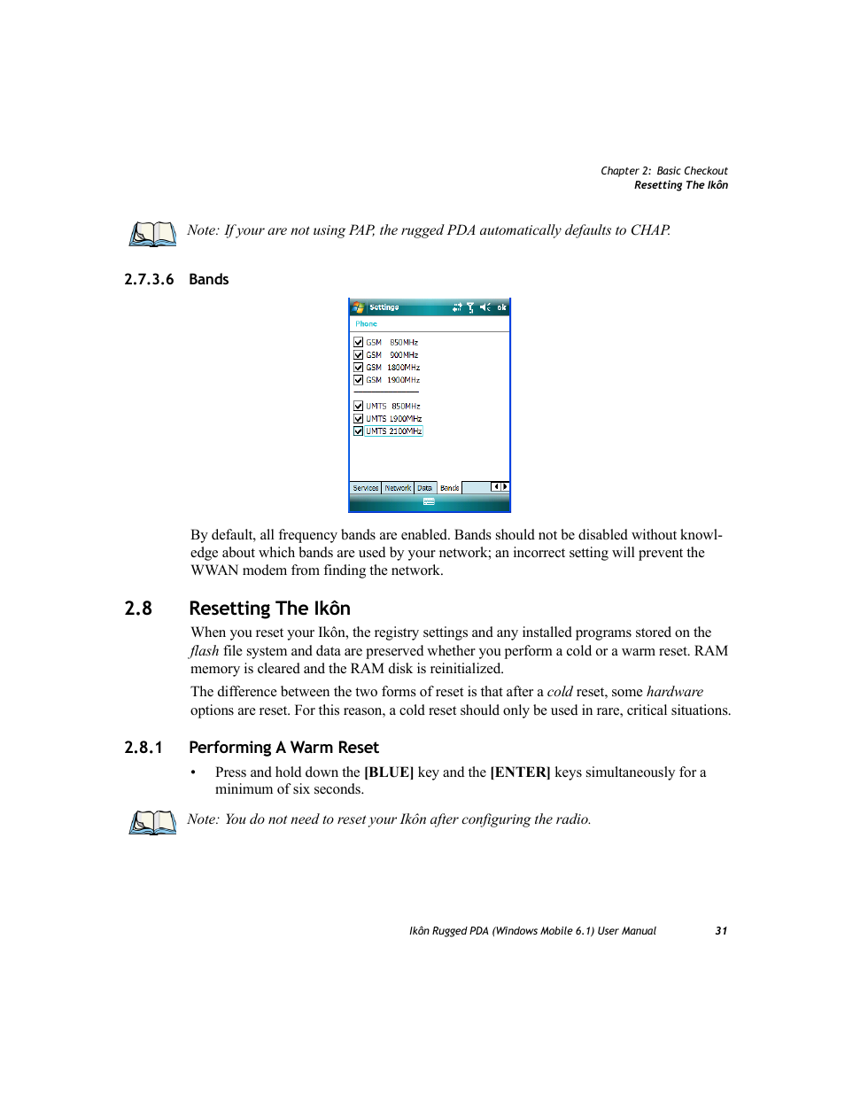 6 bands, 8 resetting the ikôn, 1 performing a warm reset | Resetting the ikôn 2.8.1, Performing a warm reset | PYLE Audio IKON RUGGED 7505-BT User Manual | Page 45 / 406