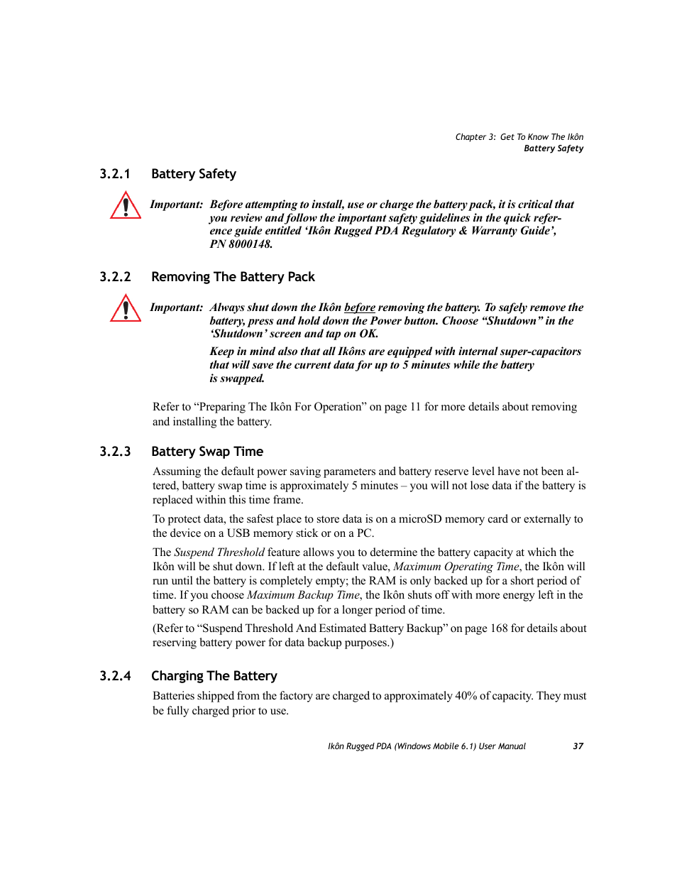 1 battery safety, 2 removing the battery pack, 3 battery swap time | 4 charging the battery, Battery safety, Removing the battery pack, Battery swap time, Charging the battery | PYLE Audio IKON RUGGED 7505-BT User Manual | Page 51 / 406