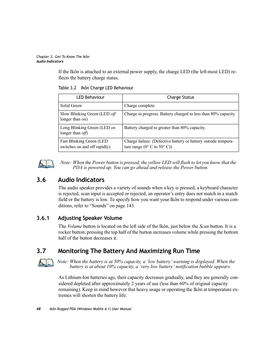 6 audio indicators, 1 adjusting speaker volume, 7 monitoring the battery and maximizing run time | Audio indicators 3.6.1, Adjusting speaker volume, Monitoring the battery and maximizing run time | PYLE Audio IKON RUGGED 7505-BT User Manual | Page 62 / 406