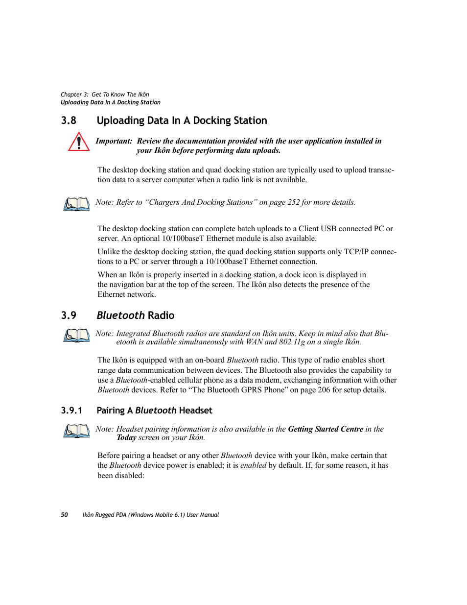 8 uploading data in a docking station, 9 bluetooth radio, 1 pairing a bluetooth headset | Uploading data in a docking station, Bluetooth, Pairing a | PYLE Audio IKON RUGGED 7505-BT User Manual | Page 64 / 406