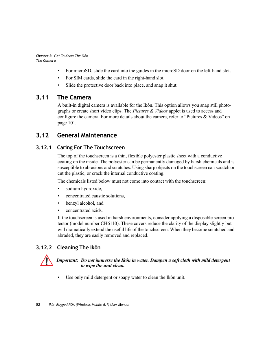 11 the camera, 12 general maintenance, 1 caring for the touchscreen | 2 cleaning the ikôn, 11 the camera 3.12 general maintenance | PYLE Audio IKON RUGGED 7505-BT User Manual | Page 66 / 406