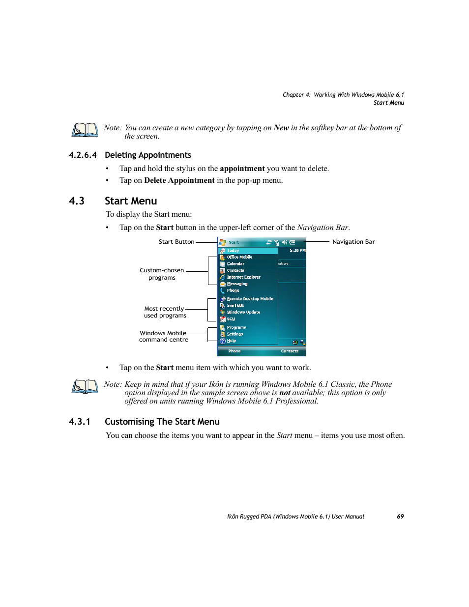 4 deleting appointments, 3 start menu, 1 customising the start menu | Start menu 4.3.1, Customising the start menu | PYLE Audio IKON RUGGED 7505-BT User Manual | Page 83 / 406