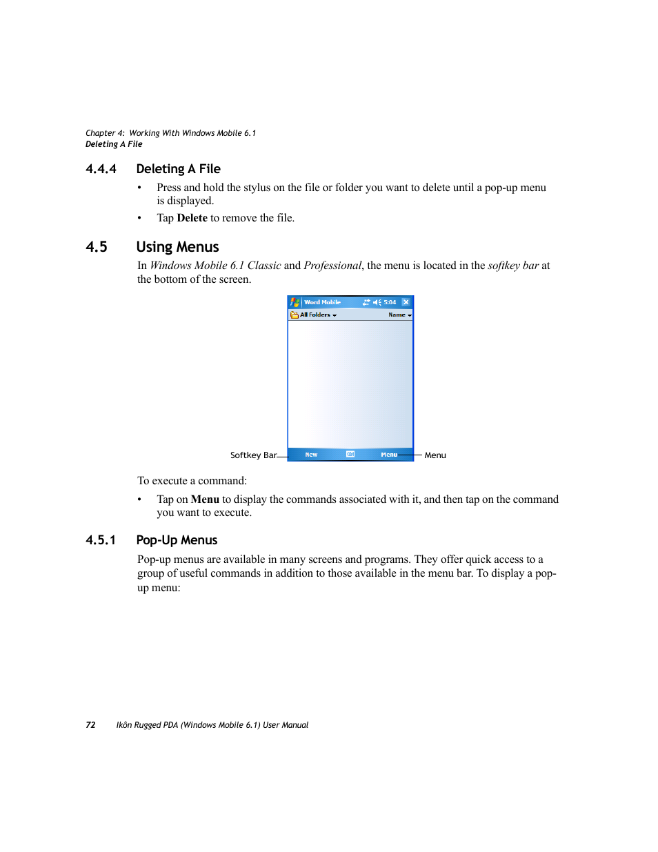 4 deleting a file, 5 using menus, 1 pop-up menus | Deleting a file, Using menus 4.5.1, Pop-up menus | PYLE Audio IKON RUGGED 7505-BT User Manual | Page 86 / 406