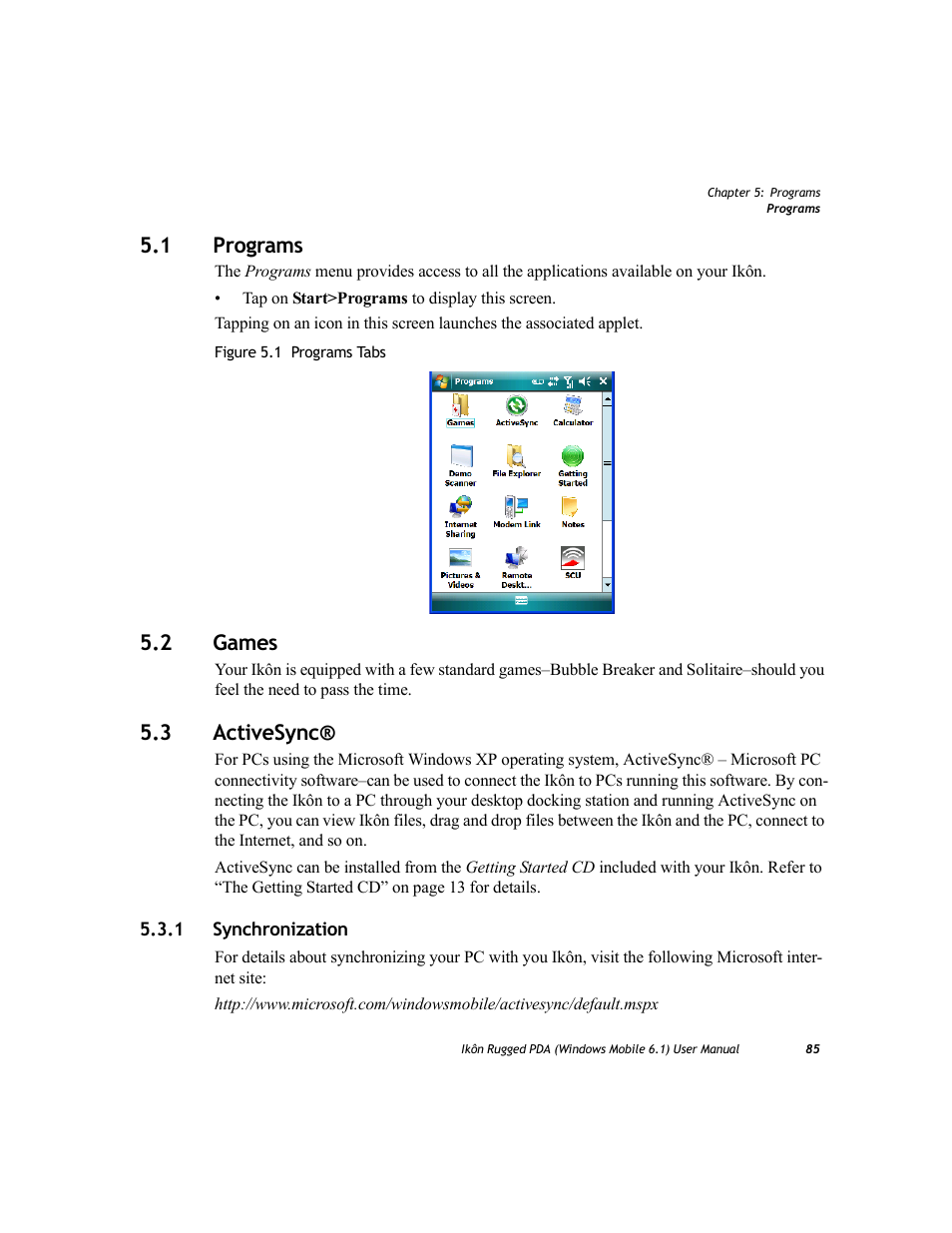 1 programs, 2 games, 3 activesync | 1 synchronization, Programs, Games, Activesync® 5.3.1, Synchronization, 1 programs 5.2 games 5.3 activesync | PYLE Audio IKON RUGGED 7505-BT User Manual | Page 99 / 406