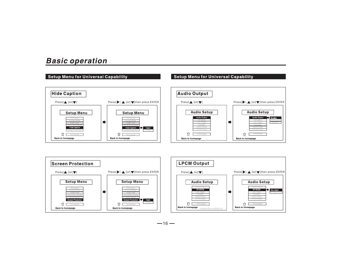 Audio setup, Setup menu | PYLE Audio PLDVD128 User Manual | Page 17 / 25