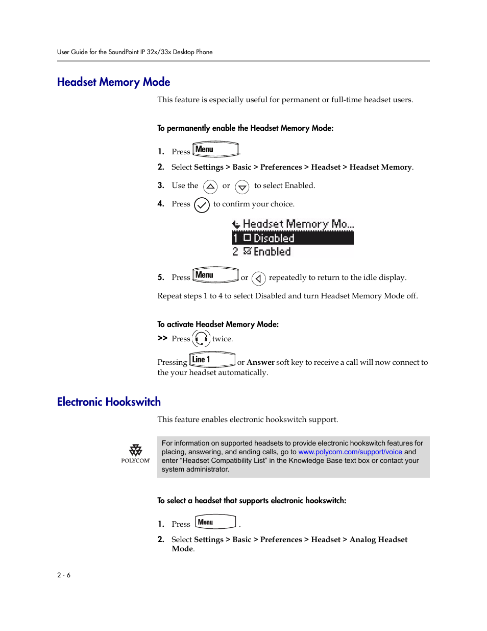 Headset memory mode, Electronic hookswitch, Headset memory mode –6 electronic hookswitch –6 | PYLE Audio SOUNDPOINT IP 33X User Manual | Page 28 / 96