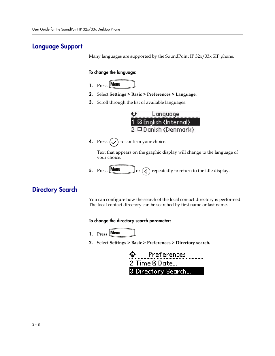 Language support, Directory search, Language support –8 directory search –8 | PYLE Audio SOUNDPOINT IP 33X User Manual | Page 30 / 96