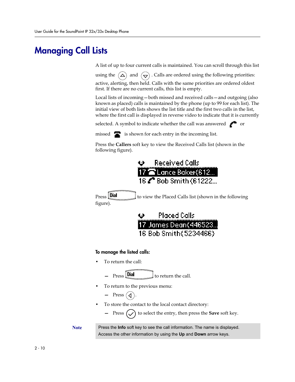 Managing call lists, Managing call lists –10 | PYLE Audio SOUNDPOINT IP 33X User Manual | Page 32 / 96