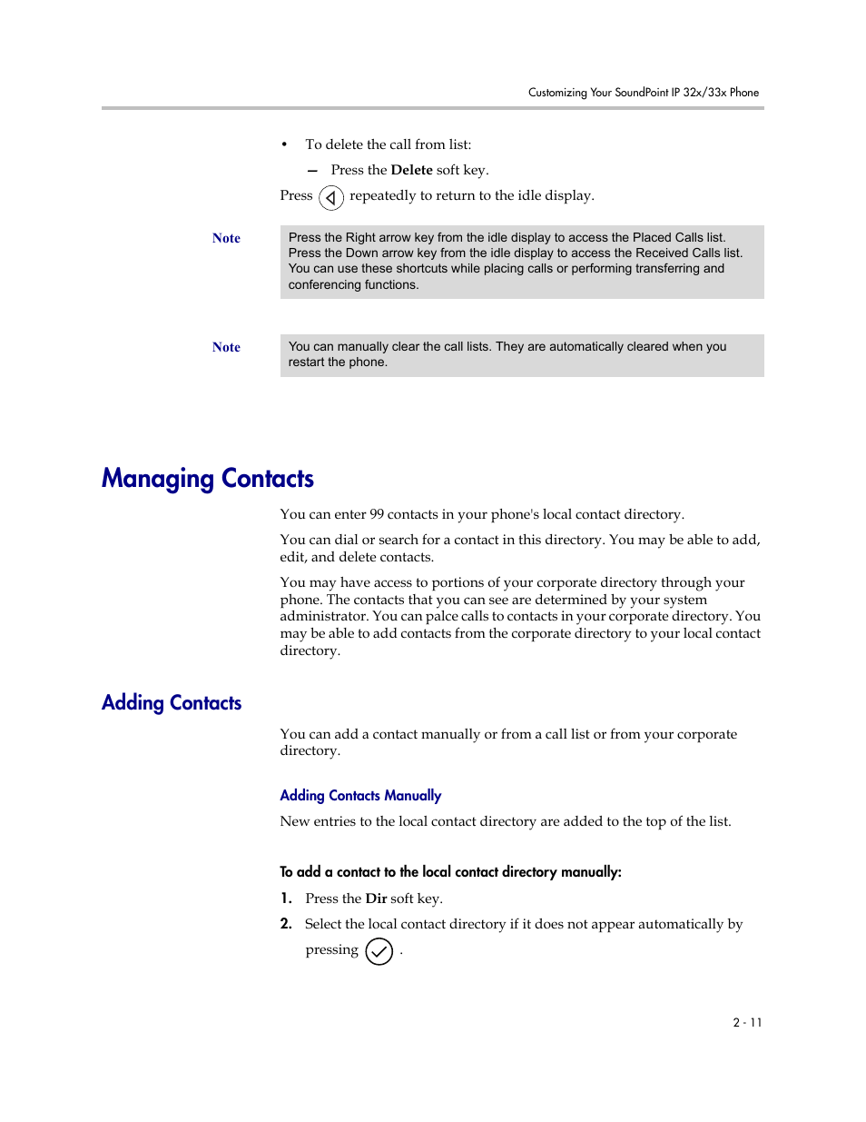 Managing contacts, Adding contacts, Managing contacts –11 | Adding contacts –11 | PYLE Audio SOUNDPOINT IP 33X User Manual | Page 33 / 96