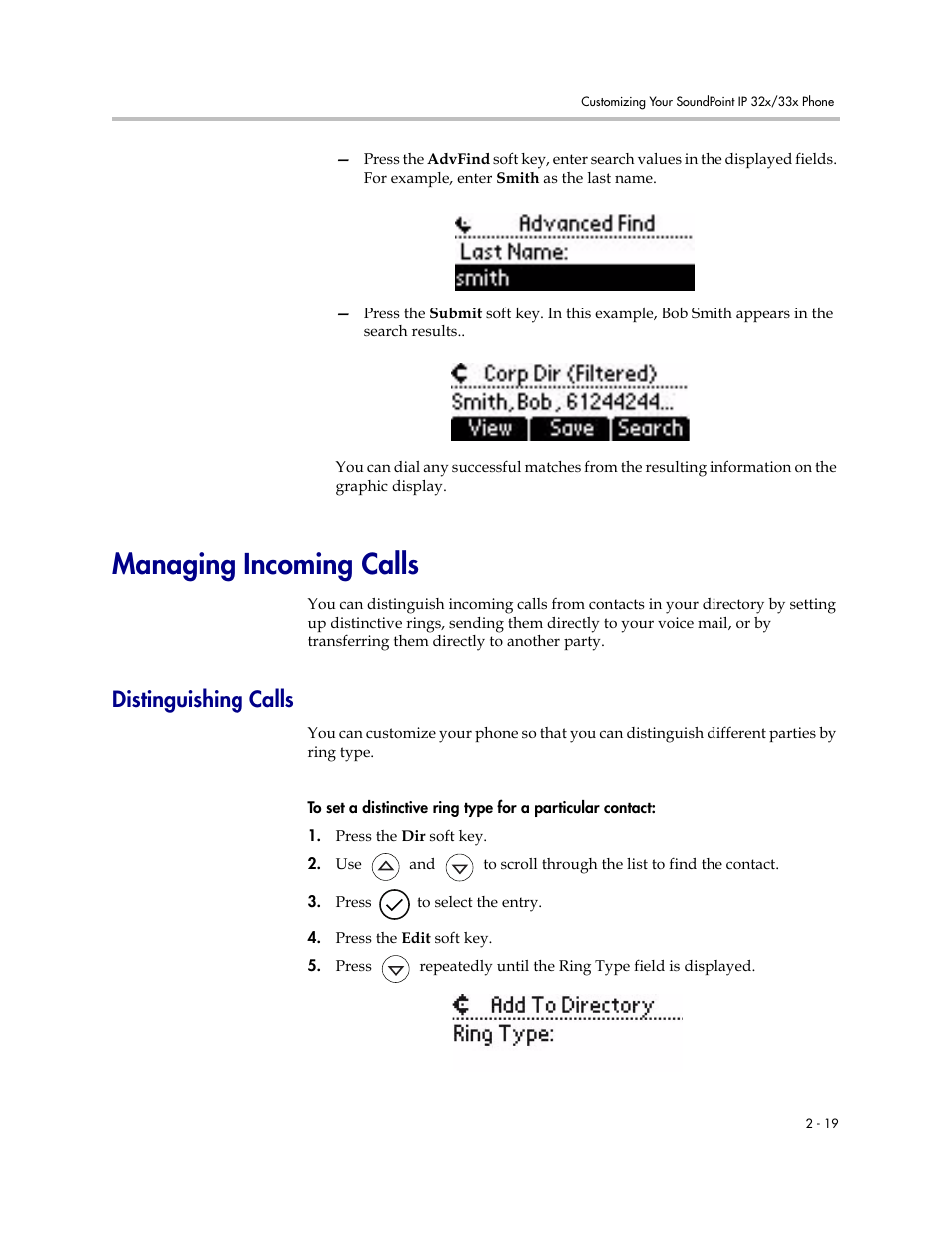 Managing incoming calls, Distinguishing calls, Managing incoming calls –19 | Distinguishing calls –19 | PYLE Audio SOUNDPOINT IP 33X User Manual | Page 41 / 96