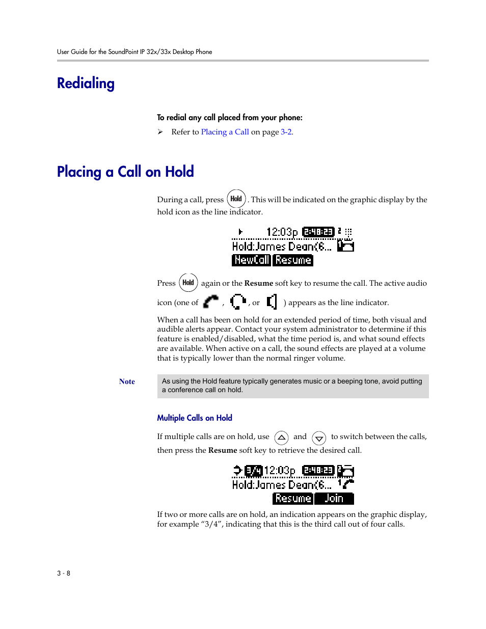 Redialing, Placing a call on hold, Redialing –8 placing a call on hold –8 | PYLE Audio SOUNDPOINT IP 33X User Manual | Page 54 / 96