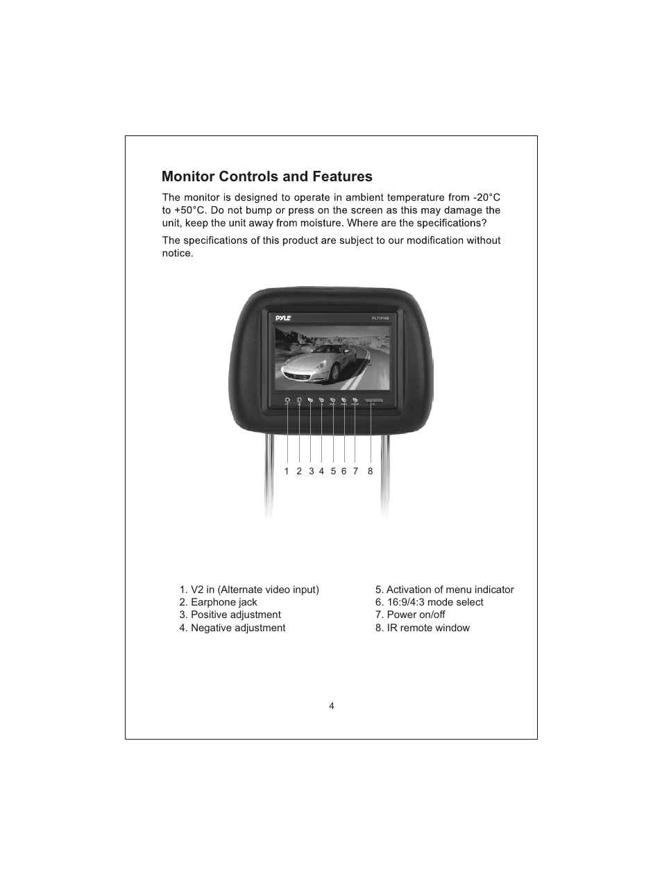 Monitor controls and features | PYLE Audio PL71PHB User Manual | Page 5 / 8
