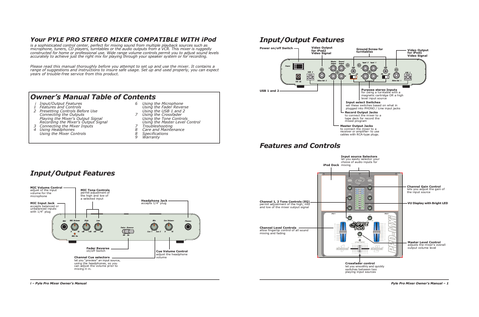 Input/output features features and controls, Owner’s manual table of contents, Input/output features | Your pyle pro stereo mixer compatible with ipod | PYLE Audio PPD-MXi User Manual | Page 2 / 6
