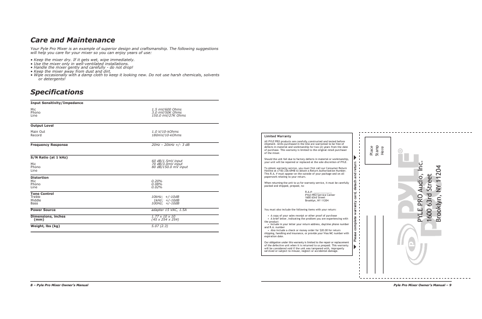 Care and maintenance, Specifications | PYLE Audio PPD-MXi User Manual | Page 6 / 6