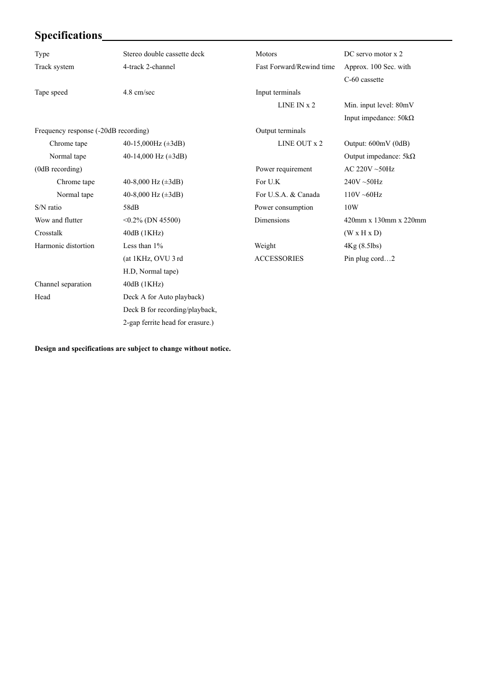 Specifications | PYLE Audio Mechanical Deck PT-669D User Manual | Page 6 / 7