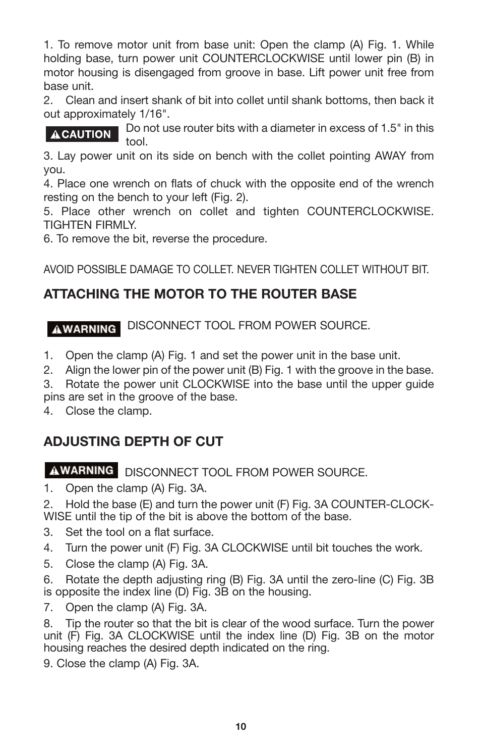 Attaching the motor to the router base, Adjusting depth of cut | PYLE Audio 100 User Manual | Page 10 / 17