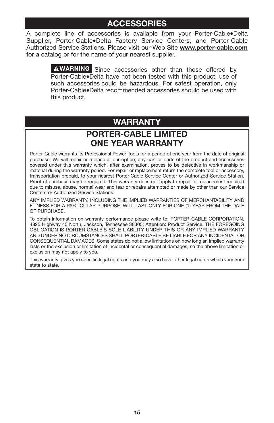 Porter-cable limited one year warranty, Warranty, Accessories | PYLE Audio 100 User Manual | Page 15 / 17