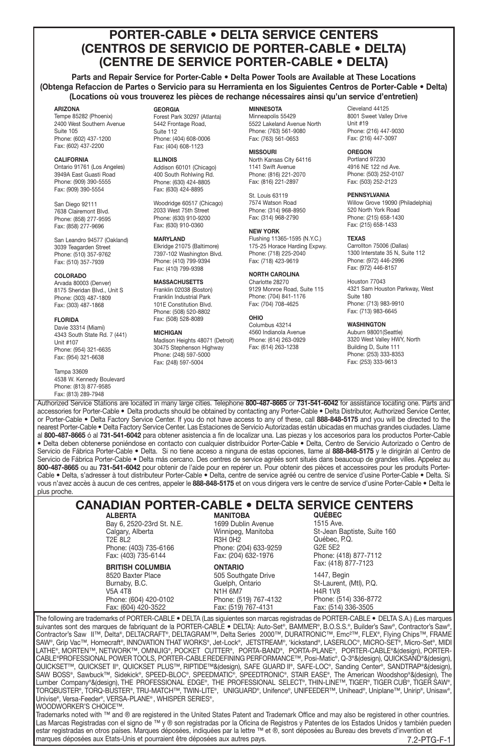 Canadian porter-cable • delta service centers, Ptg-f-1 | PYLE Audio 100 User Manual | Page 17 / 17