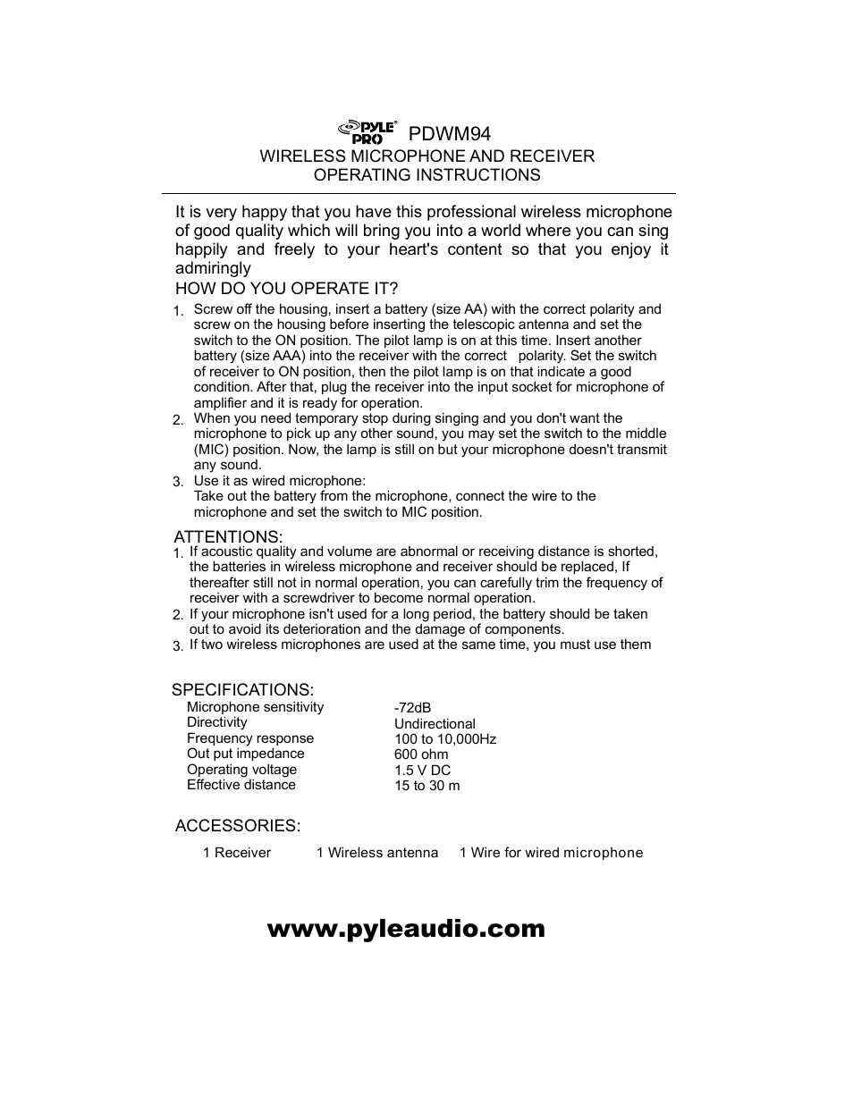 PYLE Audio PDWM94 User Manual | 1 page