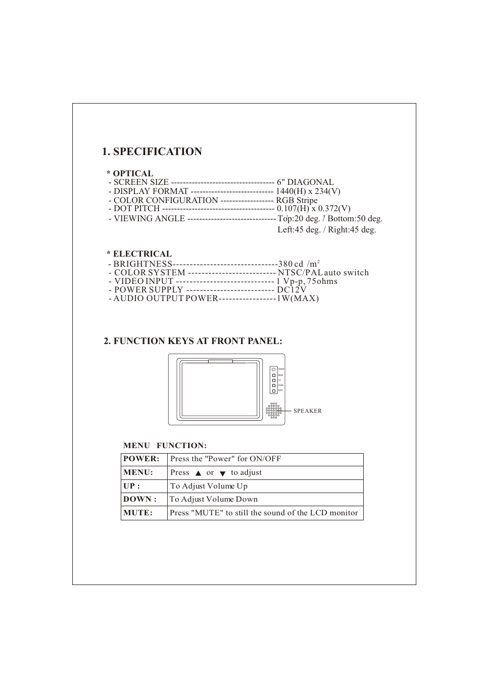 Specification, Function keys at front panel | PYLE Audio View Series PLVSMN6 User Manual | Page 2 / 3