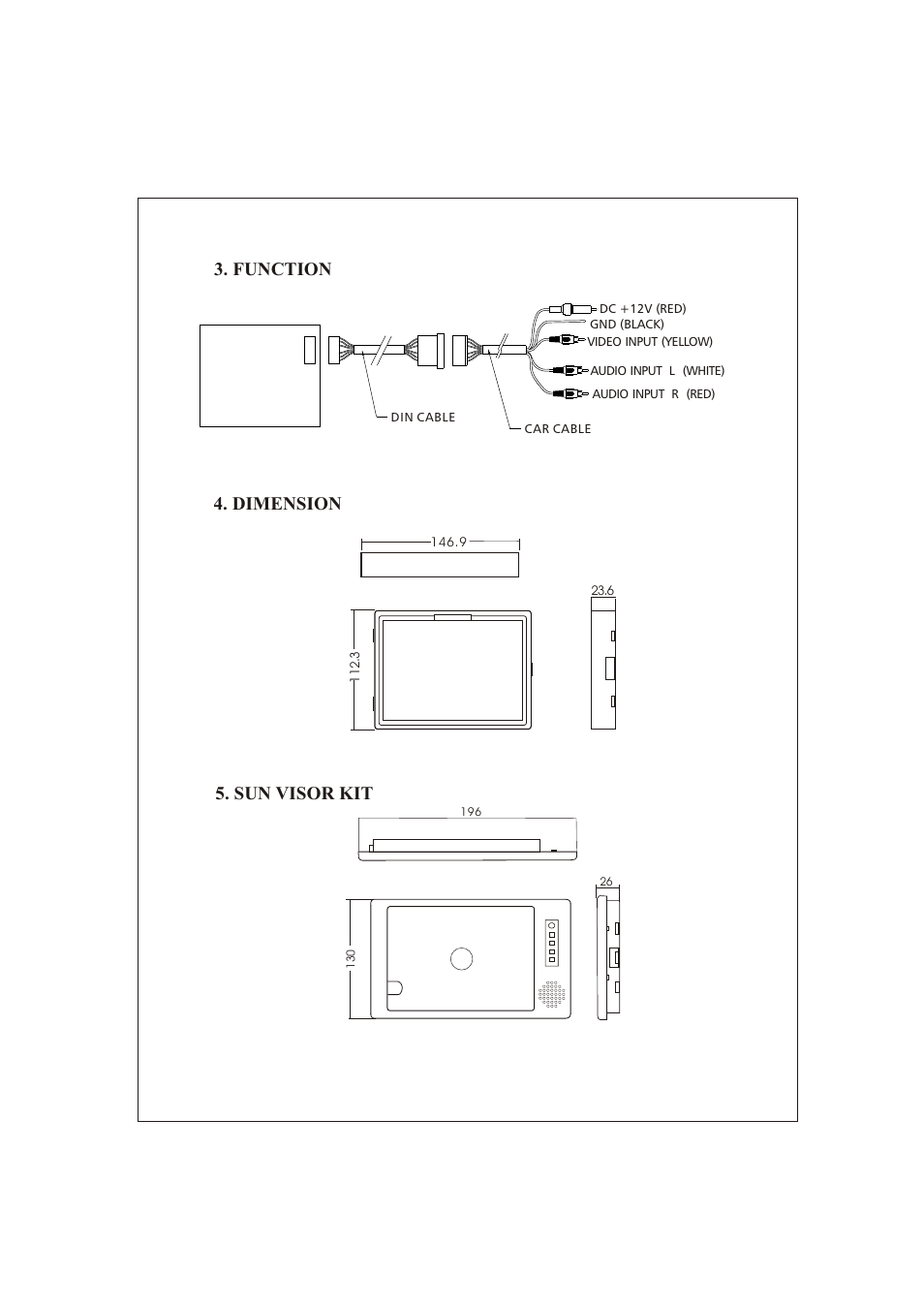 Function 5. sun visor kit 4. dimension | PYLE Audio View Series PLVSMN6 User Manual | Page 3 / 3